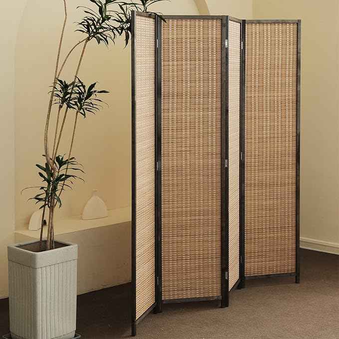 4 Panel Bamboo Room Divider - 5.6 ft Tall Folding Privacy Screen for Room Separation, Natural Brown (67 x 61.4 inches)