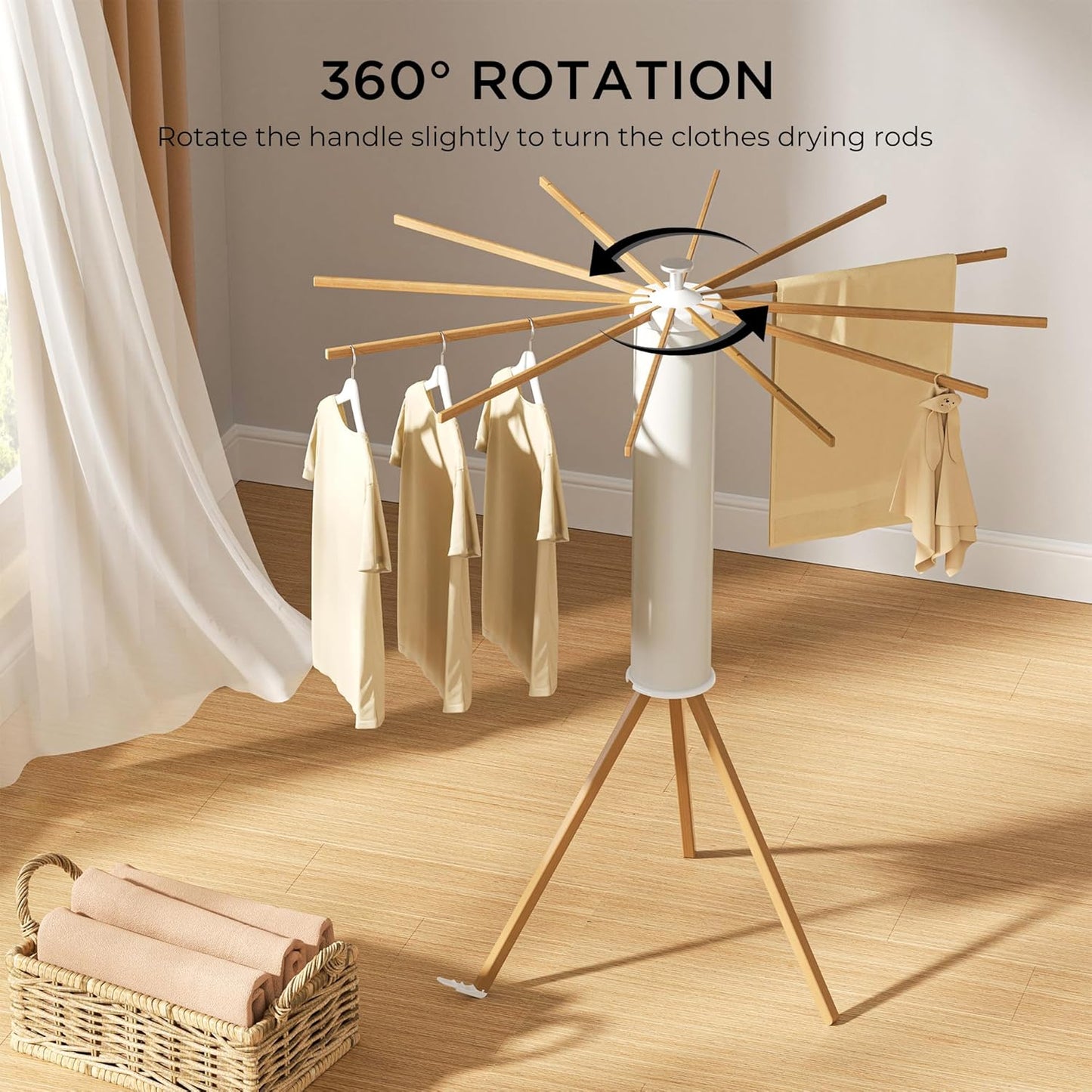 Tripod Clothes Drying Rack, Garment Rack Portable and Foldable Space Saving Laundry Drying Rack - Dryer Rack Clothing Floor Folding Balcony Bedroom Household (Beige(Wood), 12 rods) - NestledHome