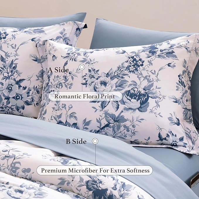 Oversized King Comforter Set -7 Pieces Floral Rain Washed Bedding Set for All Seasons, Bed in a Bag with Botanical Flowers Comforter, Sheets, Pillowcases & Shams