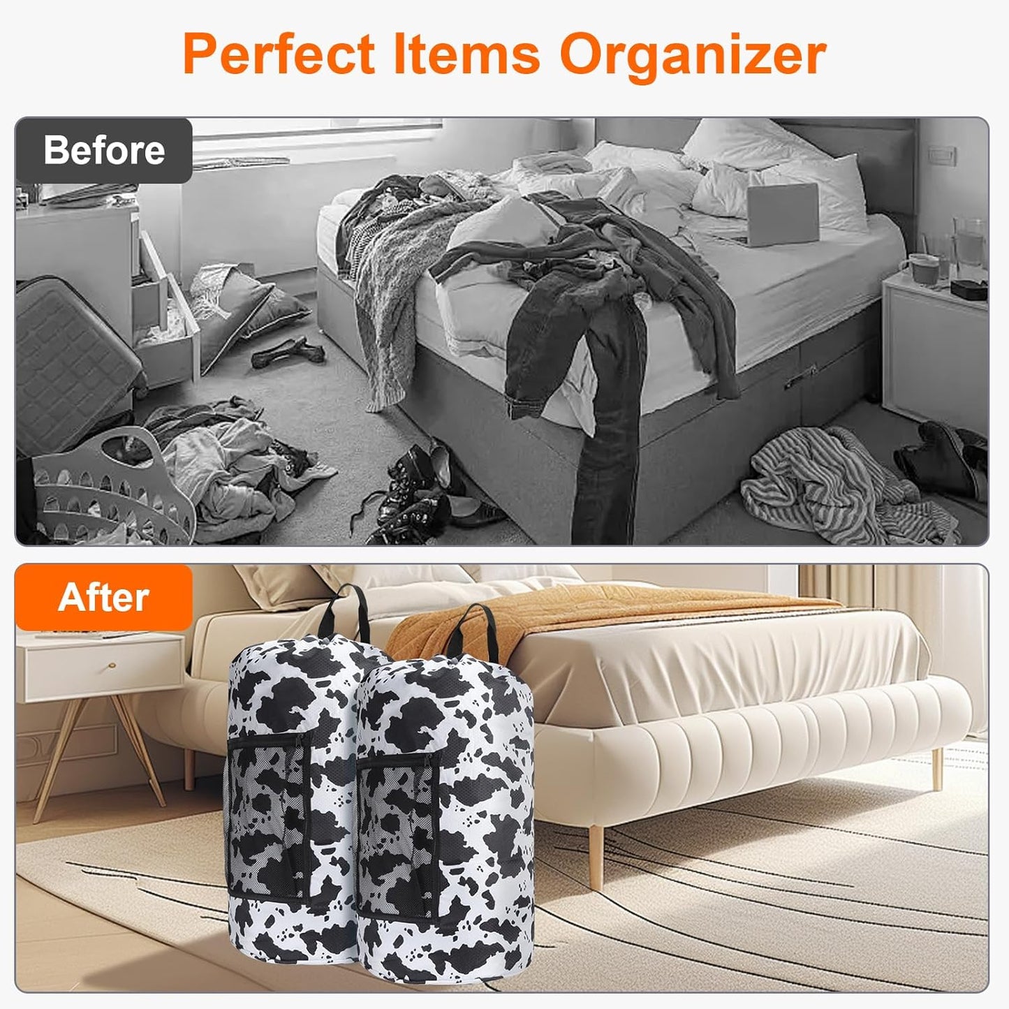 Femuar Laundry Bag Backpack Durable Laundry Bag with Shoulder Straps and Mesh Pockets Portable Laundry Dirty Clothes Hamper Bag for College Dorm (Cow Print) - NestledHome
