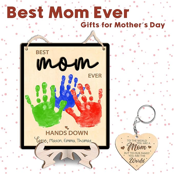 Mommy Handprint Art Sign, DIY Mothers Day Handprint Plaque and Keychain Set, Family Handprints Sign, Birthday Mother's Day Gifts for Mom from Kids, Crafts Keepsake Memory, Best Mom Ever Hands Down