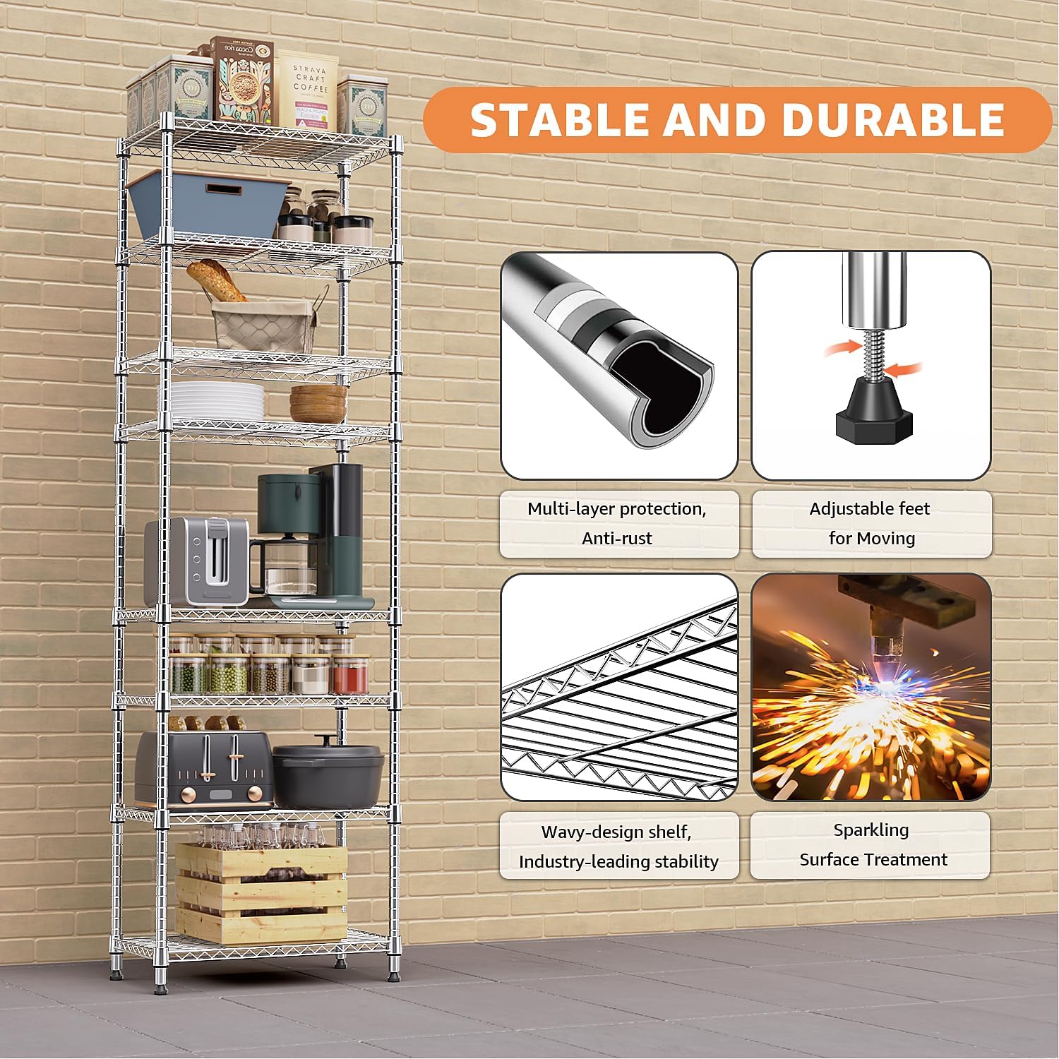 8 Tier 2000 lbs Storage Rack Metal Wire Shelving Unit, Storage Standing Shelf Organizer for Laundry Bathroom Kitchen Pantry Closet Garage Utility Room, Chrome 13.8" D x 23.6" W x 79.5" H - NestledHome