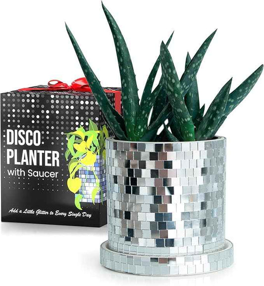 SCANDINORDICA Disco Ball Planter Pot - 4.3 inch Disco Ball Vase, Disco Planter, Ceramic Planter Pots Indoor with Drainage Hole and Saucer, Cute Eclectic Decor, Preppy Room Decor | 0.3" Mirror Tiles