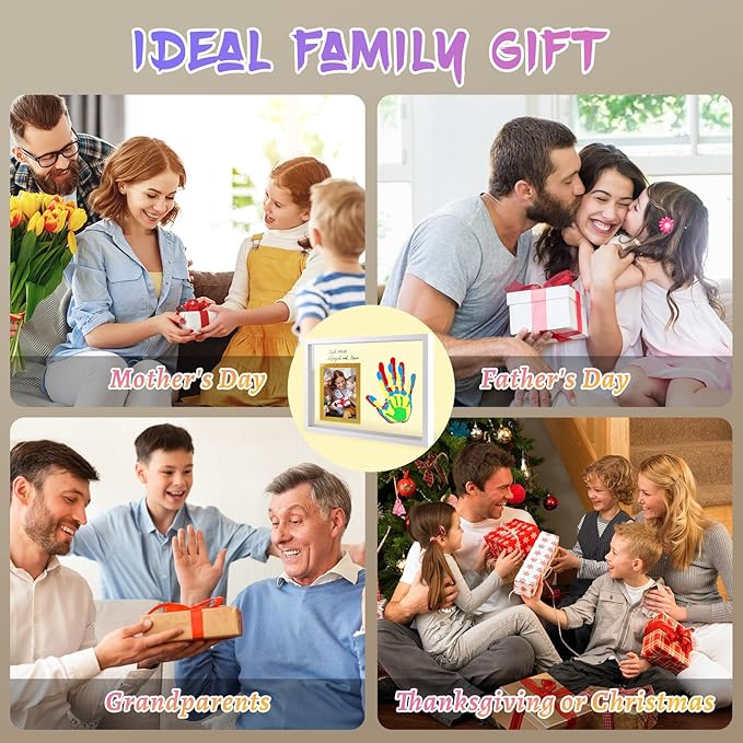 Family Handprint Keepsake Frame Kit with Photo Display – DIY 3D Floating Layered Design for Mom, Dad and Baby – Safe Non-Toxic Paint Set for Footprints – Perfect Baby Shower Gifts, New Parents Couples Keepsake, Home Decor 13.1x9.6 Inch (White)