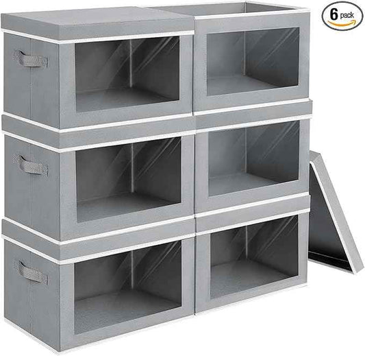 Large Storage Bins with Lids - Fabric Storage Cubes with Window, Collapsible Bins for Clothes, 15.7 Inch Large Baskets for Bedroom, Dorm, Office, Grey, 6 Pack