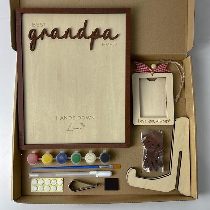 10" Hands Down Best Grandpa Ever DIY Handprint Kids Gifts Frame with Paints, Grandpa Crafts from Grandkids Family Keepsake Plaque Birthday Gift Father's Day for Pops, Papa HF610
