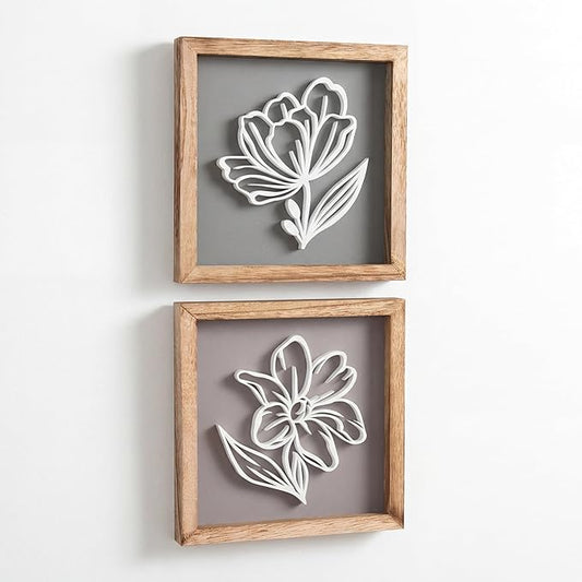 Tide and Tales 3D Botanical Floral Wall Art (Framed Set of 2) Ready-to-Hang Lightweight Boho Decor for Walls, Nature-Inspired Home Decorations with Natural Earthy Tones for Bedroom or Bathroom