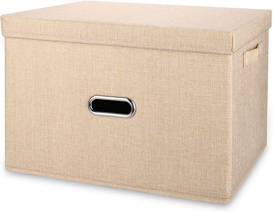 Large Linen Fabric Foldable Storage Bins with Removable Lid and Handles, Washable Storage Box Organizer Containers Baskets Cube with Cover for Bedroom,Closet,Office,Nursery (Khaki, XXL)