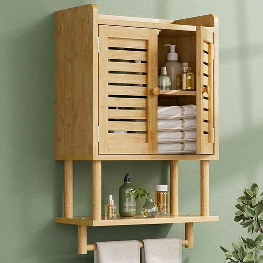 AmazerBath Bathroom Wall Cabinet, Bamboo Over The Toilet Storage Cabinet, Hanging Medicine Cabinets with Towel Bar, Wall Mounted Storage Shelf with Adjustable Shelves for Small Spaces
