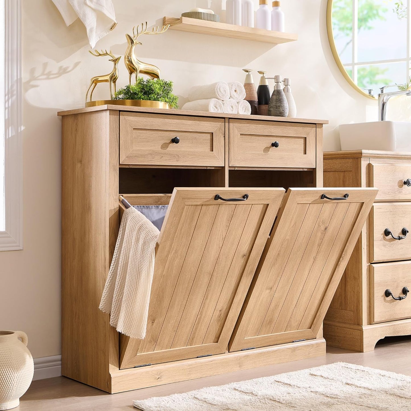 Double Tilt Out Laundry Hamper Cabinet, 20 Gallon Farmhouse Trash Can Cabinet with Drawer, Hidden Wood Garbage Can Bin Cabinets with Laundry Storage Basket for Bathroom, Kitchen (Natural) - NestledHome