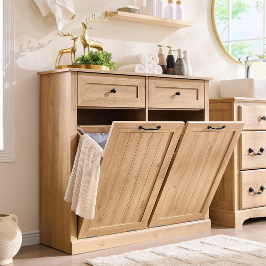 Double Tilt Out Laundry Hamper Cabinet, 20 Gallon Farmhouse Trash Can Cabinet with Drawer, Hidden Wood Garbage Can Bin Cabinets with Laundry Storage Basket for Bathroom, Kitchen (Natural) - NestledHome