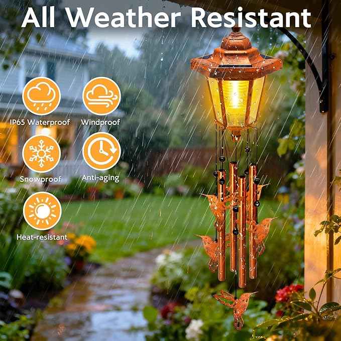 Large Solar Hummingbird Wind Chimes, Gifts for Women Mom Grandma Wife Sister Daughter Neighbor, Classic Bronze Wind Chimes with Wind Catcher, Solar Decor Lights for Outdoor Garden Patio Porch Window