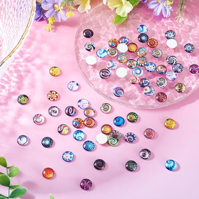 100Pcs Printed Glass Cabochons for Jewelry Making, Vortex Printed Half Round Cameo Dome Tiles Flatback Dome Cabochons for Photo Cameo Pendant Scrapbooking DIY Crafts