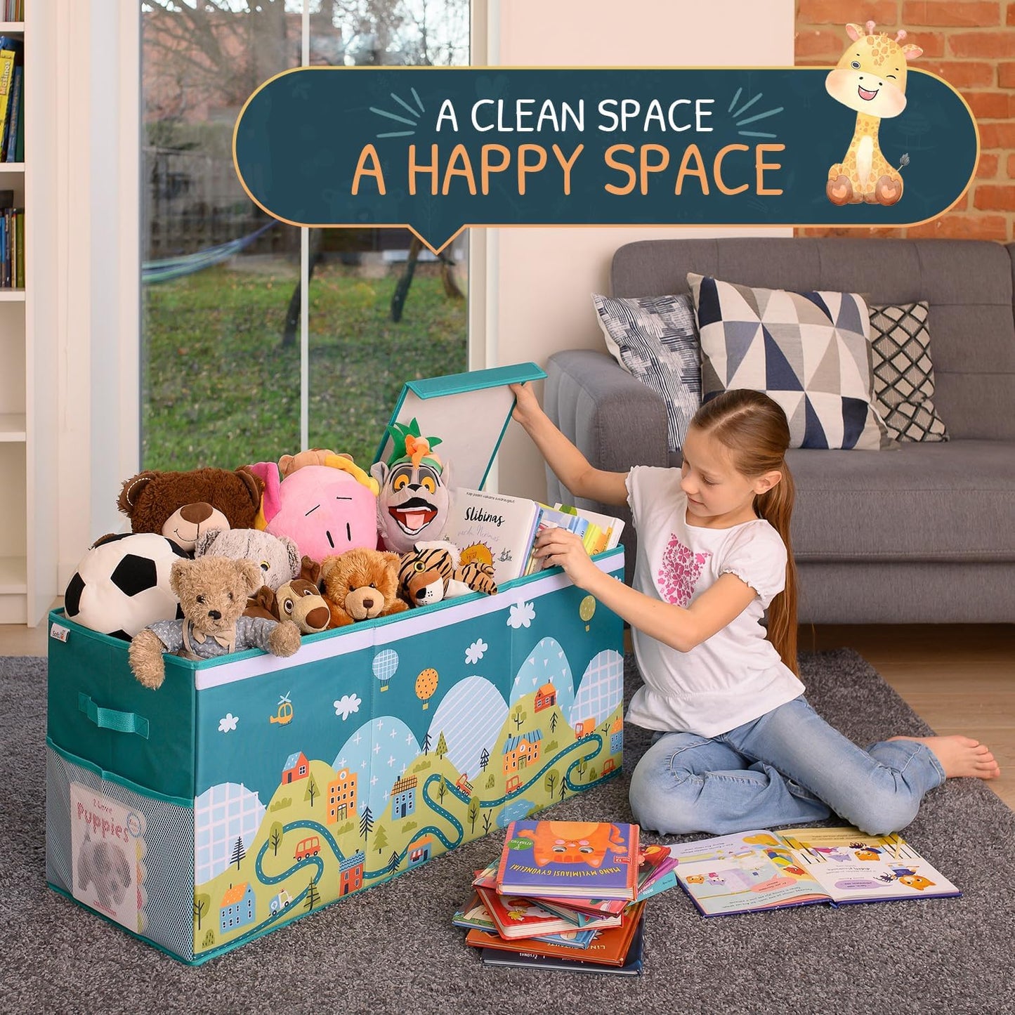 Extra Large Toy Storage Organizer with Lid - Sturdy, Collapsible Toy Chest Storage Box with Cute Design - Toys Bin with Dividers for Kids, Boys, Girls, Nursery, Bedroom, Play room 37"x16"x14" - NestledHome