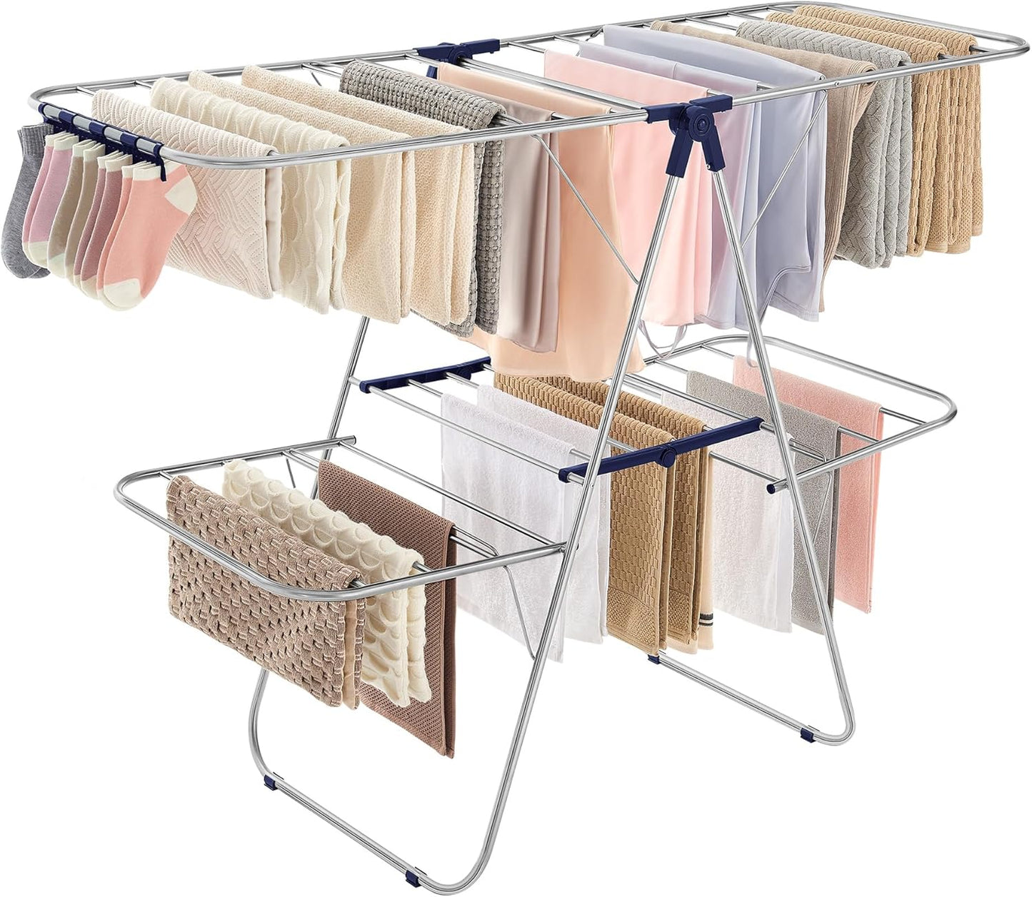 SONGMICS Clothes Drying Rack, Foldable 2-Level Laundry Drying Rack, Free-Standing Laundry Airer, with Height-Adjustable Wings, 33 Drying Rails, Sock Clips, Silver and Blue ULLR53BUV1 - NestledHome