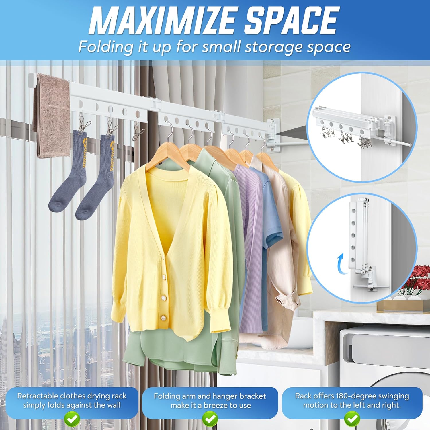Clothes Drying Rack Wall Mounted, Retractable Space-Saving Foldable Laundry Drying Rack for Indoor & Outdoor Use - Laundry Rooms, Bathroom & Balconies,Includes 10 Clothespins(White) - NestledHome