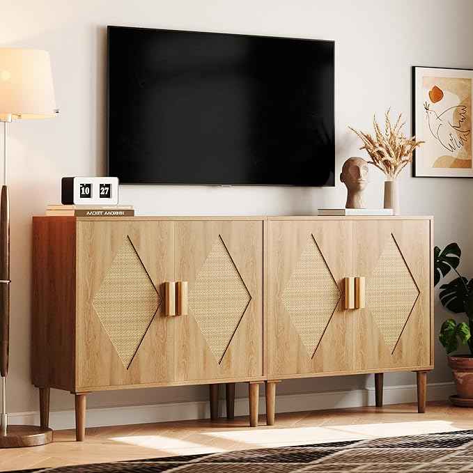 GarveeHome Buffet Cabinet with Storage, Storage Cabinet with 2 Rattan Decorated, Sideboard Cabinets, Accent Cabinets for Living Room, Dining Room, Entryway, Natural