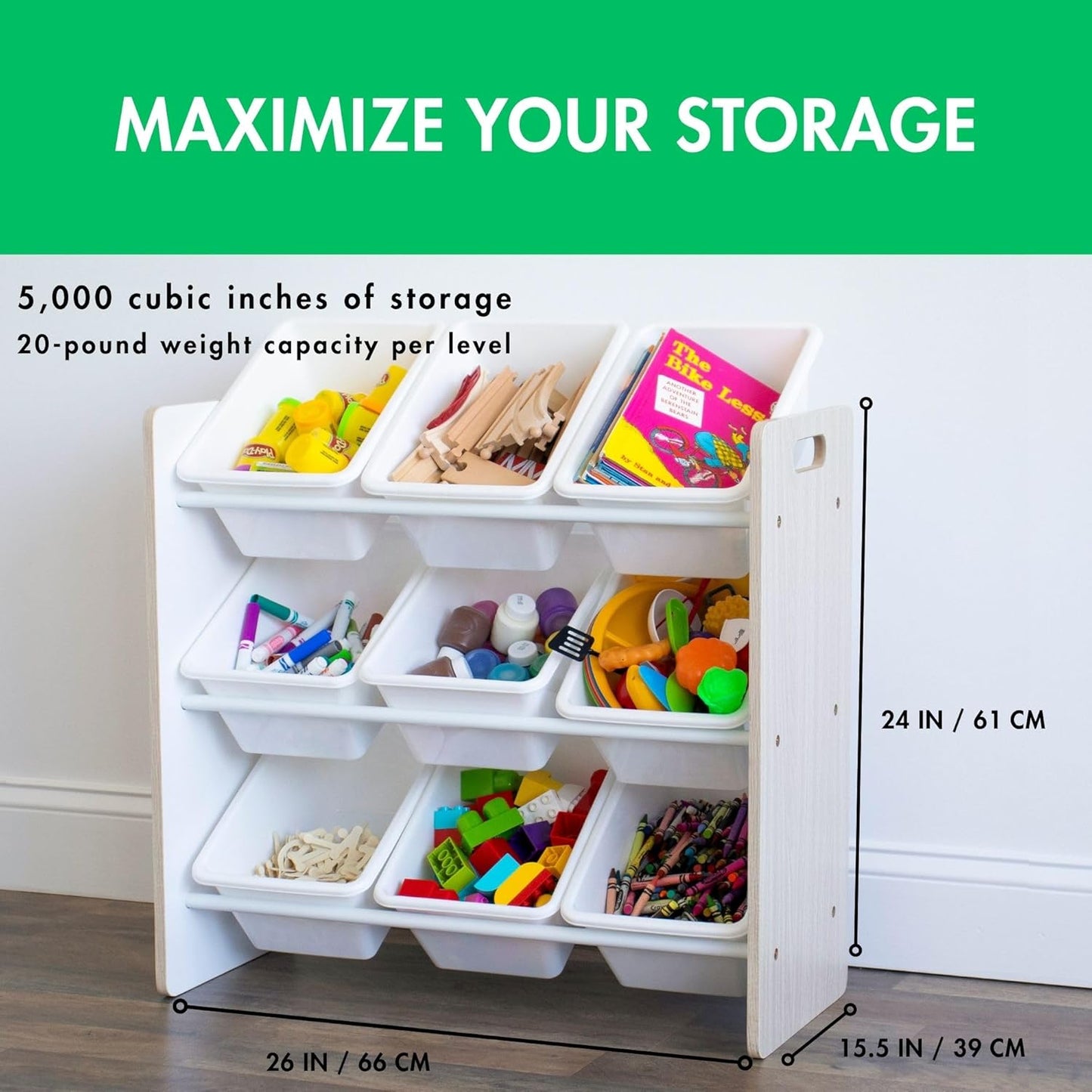 Humble Crew 9-Bin Toy Organizer – Hampton Sandwashed with White Plastic Bins, 3-Tier Storage Solution for Kids' Playrooms and Nurseries - NestledHome