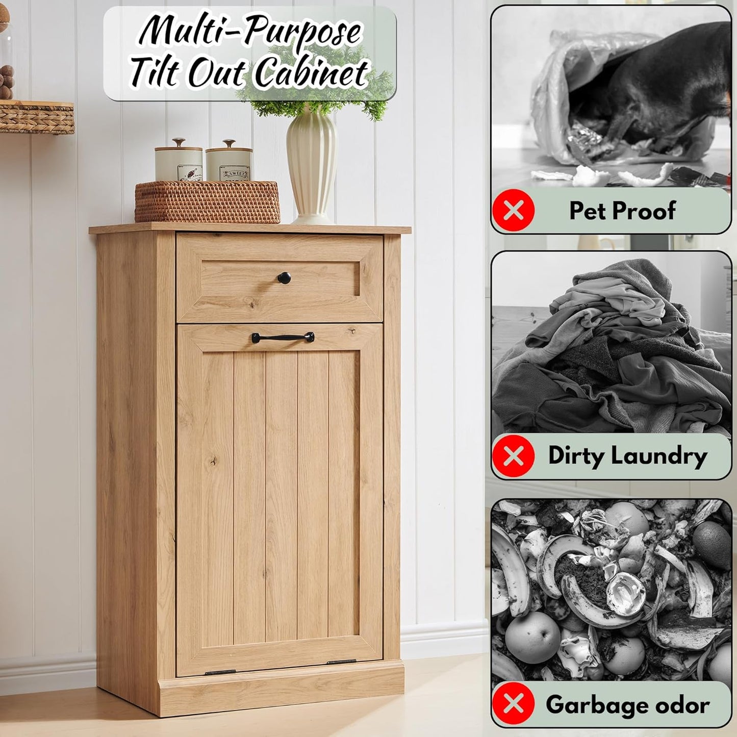 Tilt Out Laundry Hamper Cabinet, 10 Gallon Farmhouse Trash Can Cabinet with Drawer, Hidden Wood Garbage Can Bin Cabinets with Laundry Storage Basket for Bathroom, Kitchen, Natural - NestledHome