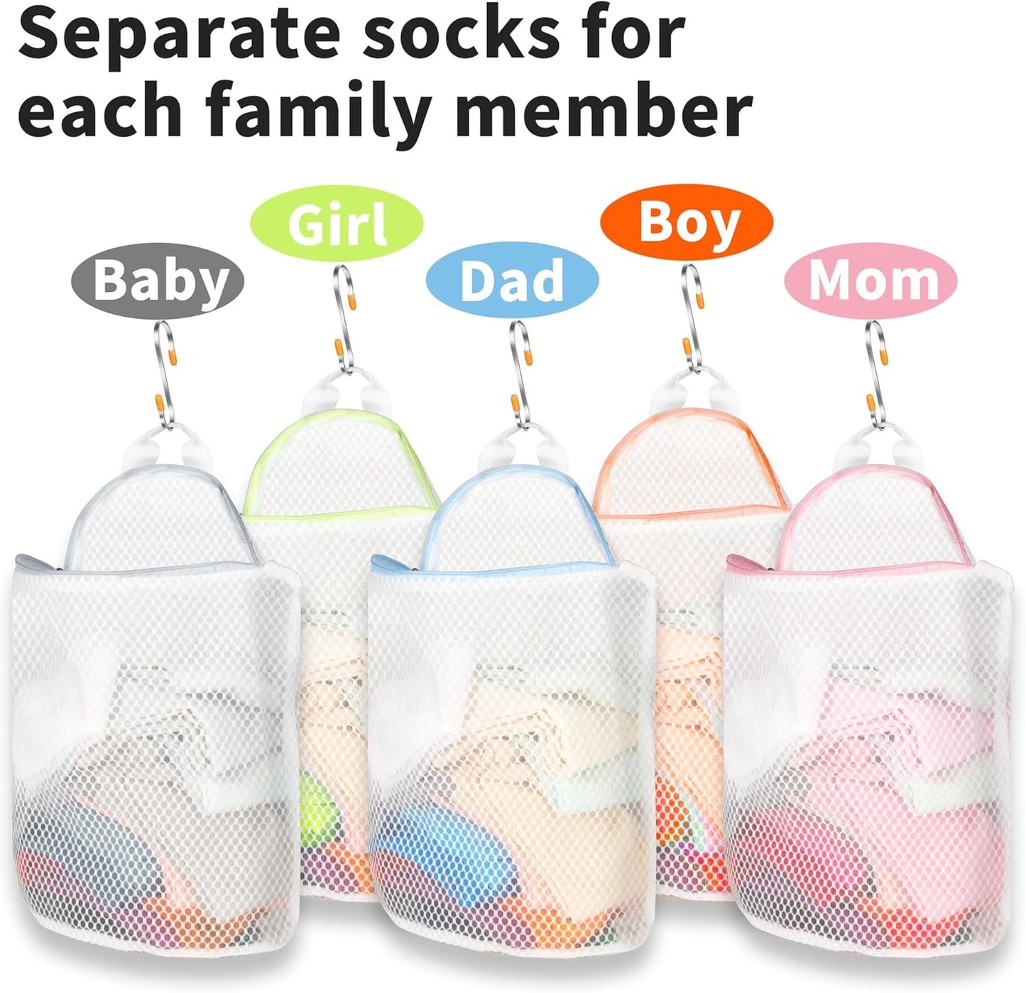 5Pcs Hanging Laundry Bags for Socks with S Hooks, 5 Color Mesh Laundry Bags for Washing Machine - NestledHome