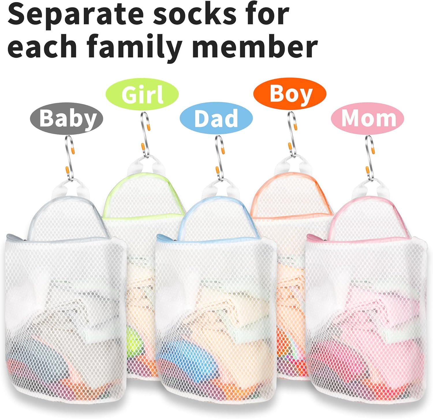 5Pcs Hanging Laundry Bags for Socks with S Hooks, 5 Color Mesh Laundry Bags for Washing Machine - NestledHome