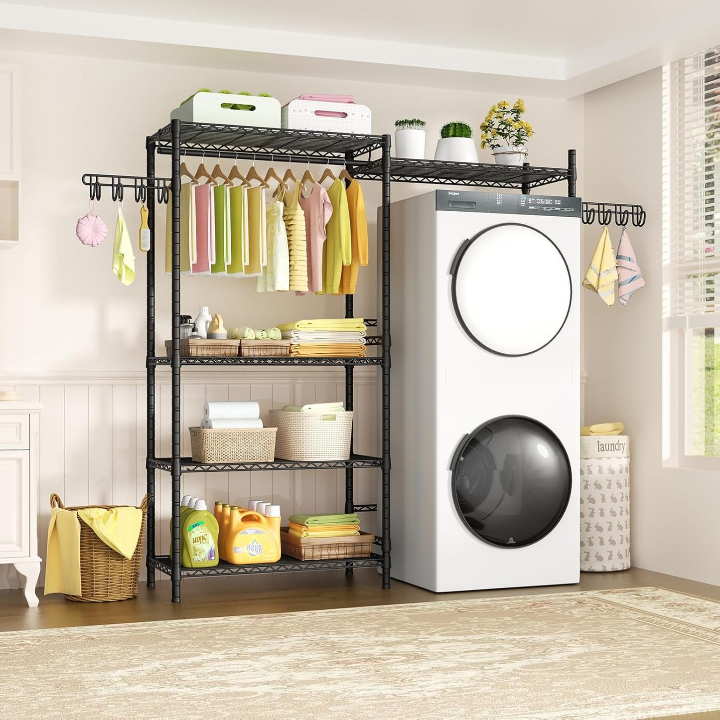 Ulif 65.3" W x 13.4" D x 77.5" H Clothes Drying Rack, 5 Tiers Over Washer and Dryer Laundry Room Storage and Organizer, Heavy-Duty Space Saver, Black - NestledHome
