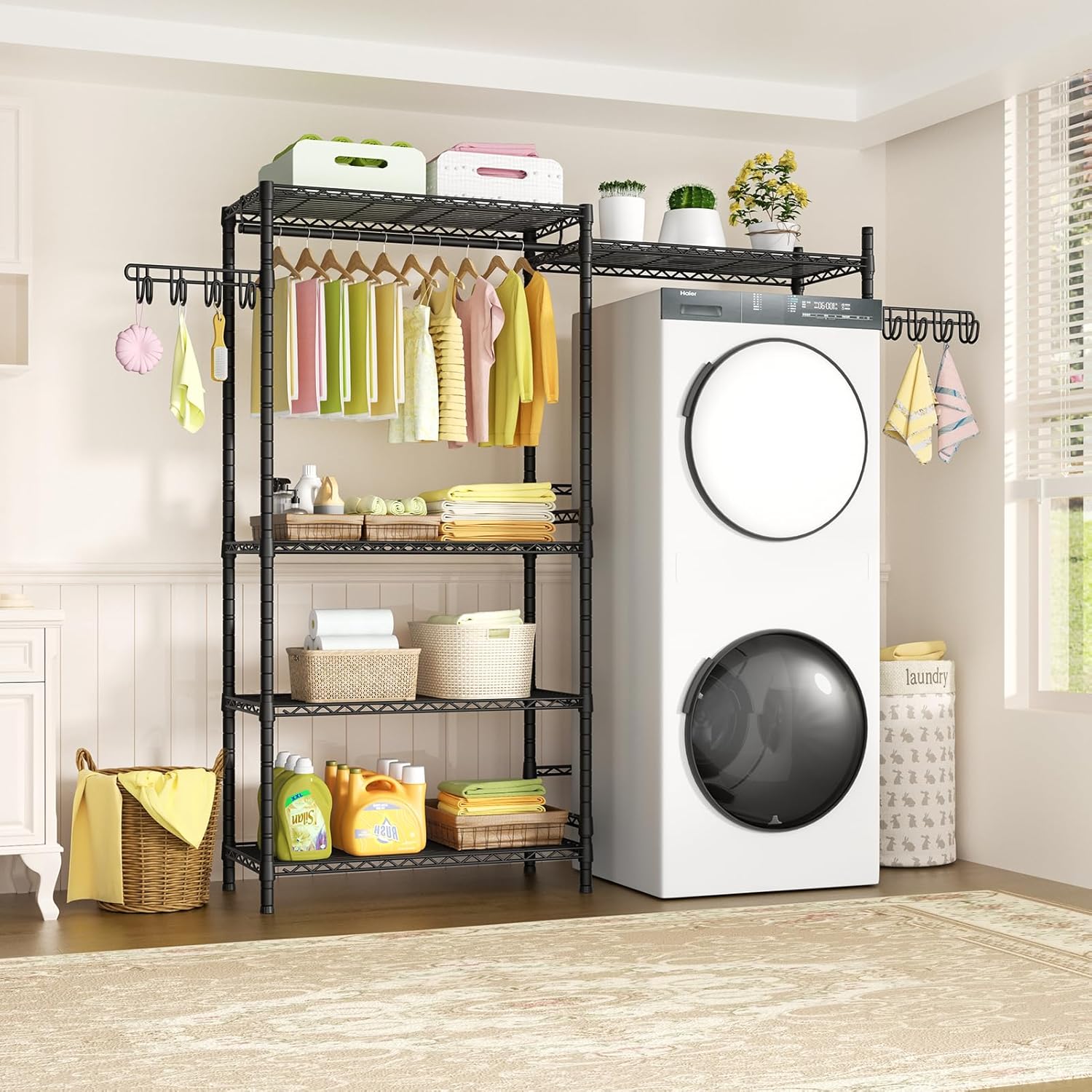 Ulif 65.3" W x 13.4" D x 77.5" H Clothes Drying Rack, 5 Tiers Over Washer and Dryer Laundry Room Storage and Organizer, Heavy-Duty Space Saver, Black - NestledHome