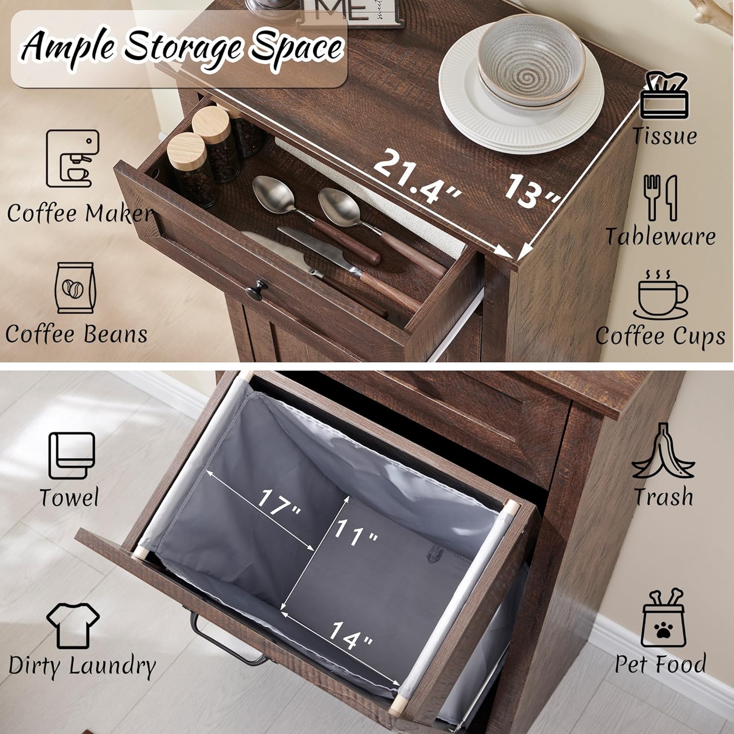 Tilt Out Laundry Hamper Cabinet, 10 Gallon Farmhouse Trash Can Cabinet with Drawer, Hidden Wood Garbage Can Bin Cabinet with Laundry Storage Basket for Bathroom, Kitchen, Brown - NestledHome