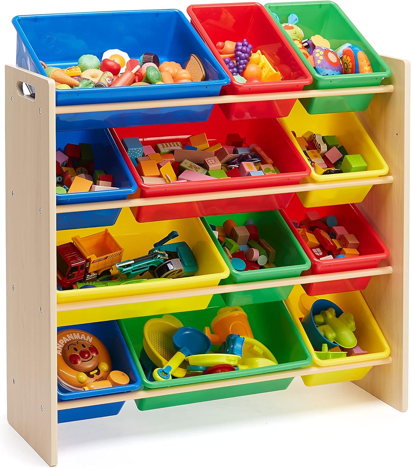 Amazon Basics Kids Toy Storage Organizer With 12 Plastic Bins, Natural Wood With Bright Bins, 10.9" D x 33.6" W x 31.1" H - NestledHome