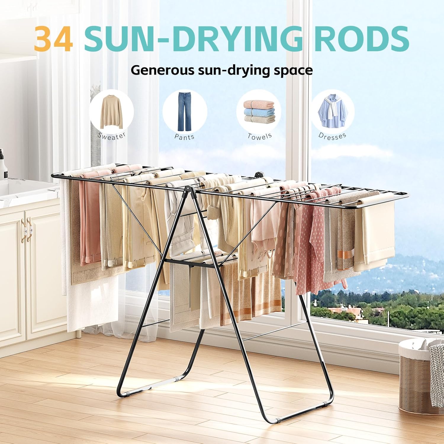 APEXCHASER Clothes Drying Rack, Oversized Drying Rack Clothing with Height-Adjustable, Foldable Gullwings Metal Laundry Rack, Indoor Outdoor Use, No Assembly, Black - NestledHome