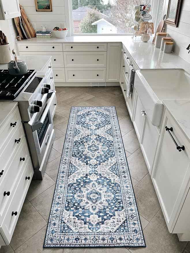 Moynesa Blue Vintage Floral Medallion Runner Rug, 2'6" x 8', Machine Washable, Non-Slip, Pet Friendly, High-Traffic Areas