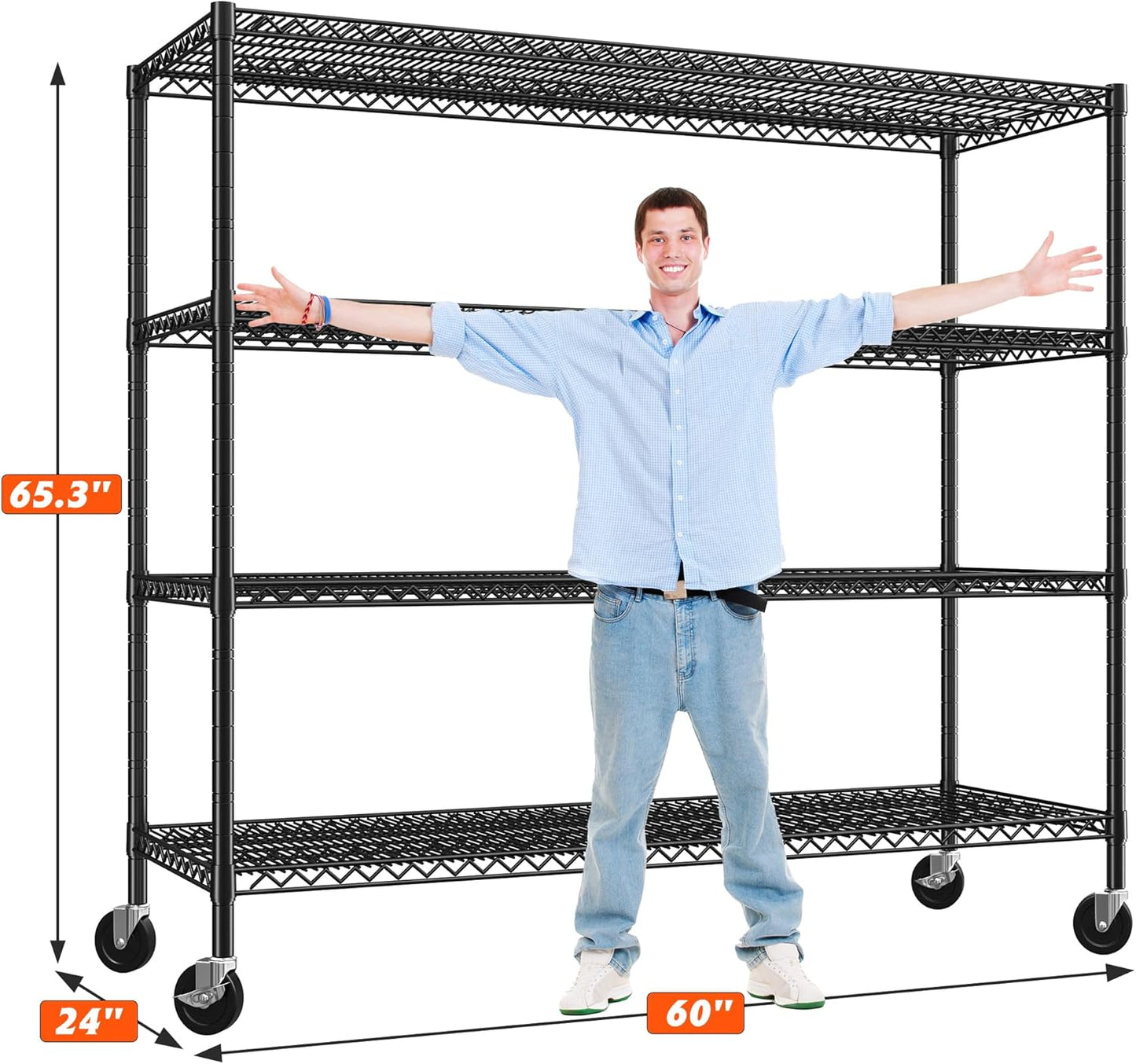 REIBII 60" W ×24" D×65.3" H, 4 Tier Wire Shelving 2878LBS Heavy Duty Steel Storage Rack Shelving Adjustable Shelves for Warehouses, Garages, Kitchens, and Commercial Spaces/Premium Wheels 2 Pack - NestledHome