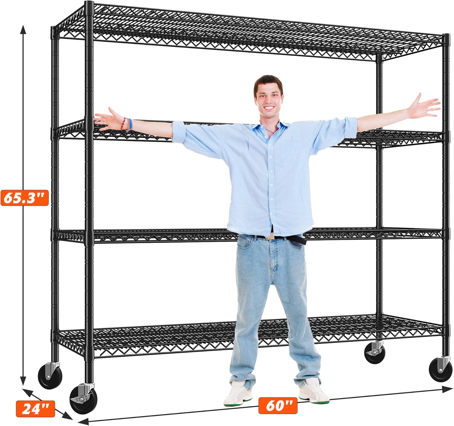 REIBII 60" W ×24" D×65.3" H, 4 Tier Wire Shelving 2878LBS Heavy Duty Steel Storage Rack Shelving Adjustable Shelves for Warehouses, Garages, Kitchens, and Commercial Spaces/Premium Wheels 2 Pack - NestledHome