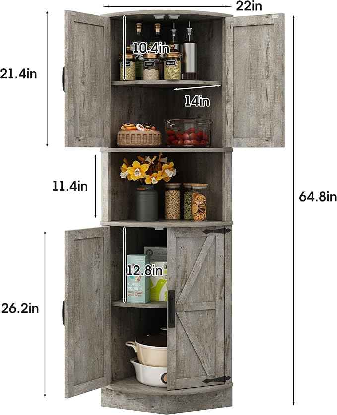 Vabches 64.8" Tall Farmhouse Corner Cabinet with 4 Doors and 5 Storage Shelves, Farmhouse Storage Cabinet with Barn Door Design, Home Space Saver for Living Room, Kitchen, Laundry Room,Grey