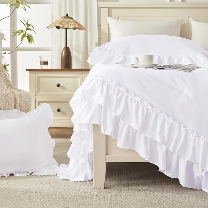Andency Oversized King Ruffle Comforter Set, 3 Pieces Shabby Chic Farmhouse Bedding Set, Lightweight Soft Comforter Set 120x98 for Girls Women (1 Comforter 2 Pillowcases), White