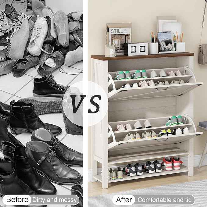 Vabches Shoe Storage Cabinet, Farmhouse Freestanding Organizer with 2 Flip Drawers, Wooden Hidden Narrow Slim Shoe Rack Cabinet for Entryway, Hallway, Foyer, White