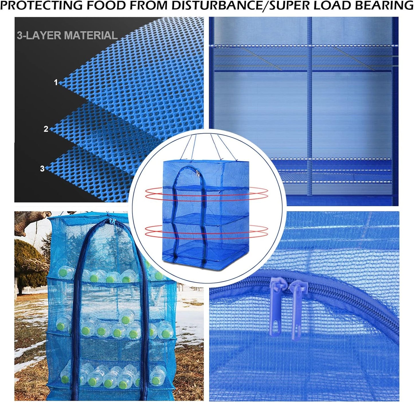 Drying Rack 4 Layers Folding Mesh, Foldable Nylon Netting, Hanging Drying Net, for Shrimp, Fish, Fruit, Vegetables, Herb, with Zipper Opening - Blue (25.59X13.78X13.78 in) - NestledHome