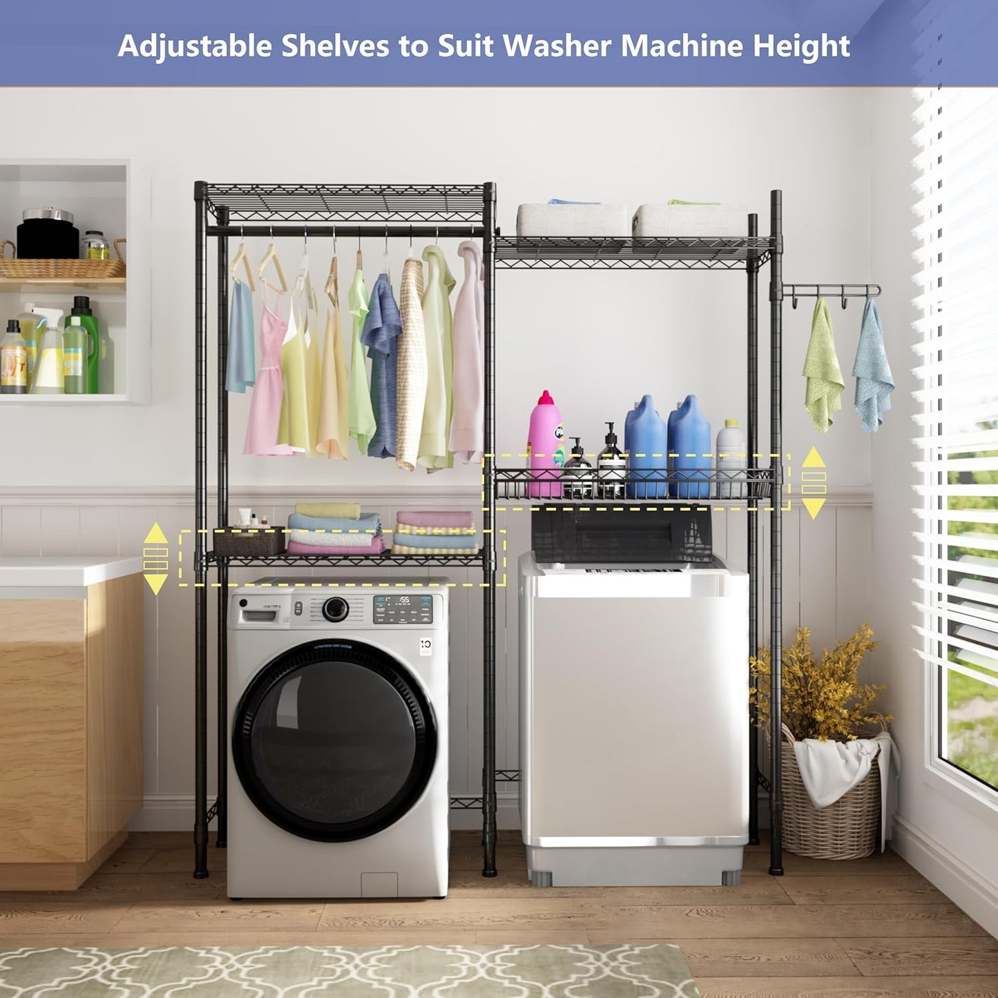 Over Washer and Dryer Shelves,Laundry Room Storage Organization Clothes Drying Rack,4 Tier Adjustable Height Wire Shelving with Wire Basket,Hanger Rod&Hook,Space Saving Shelf - NestledHome