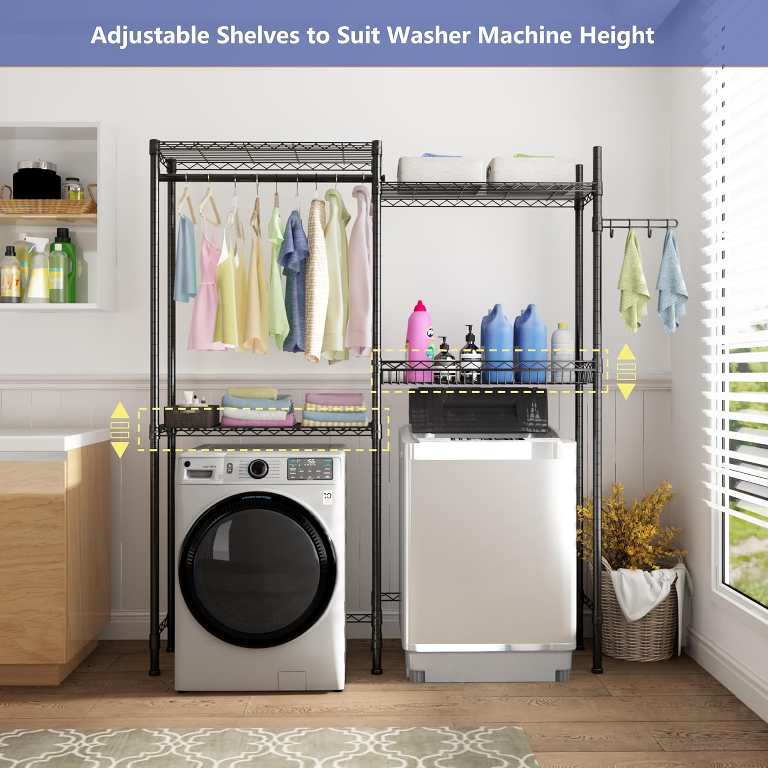 Over Washer and Dryer Shelves,Laundry Room Storage Organization Clothes Drying Rack,4 Tier Adjustable Height Wire Shelving with Wire Basket,Hanger Rod&Hook,Space Saving Shelf - NestledHome