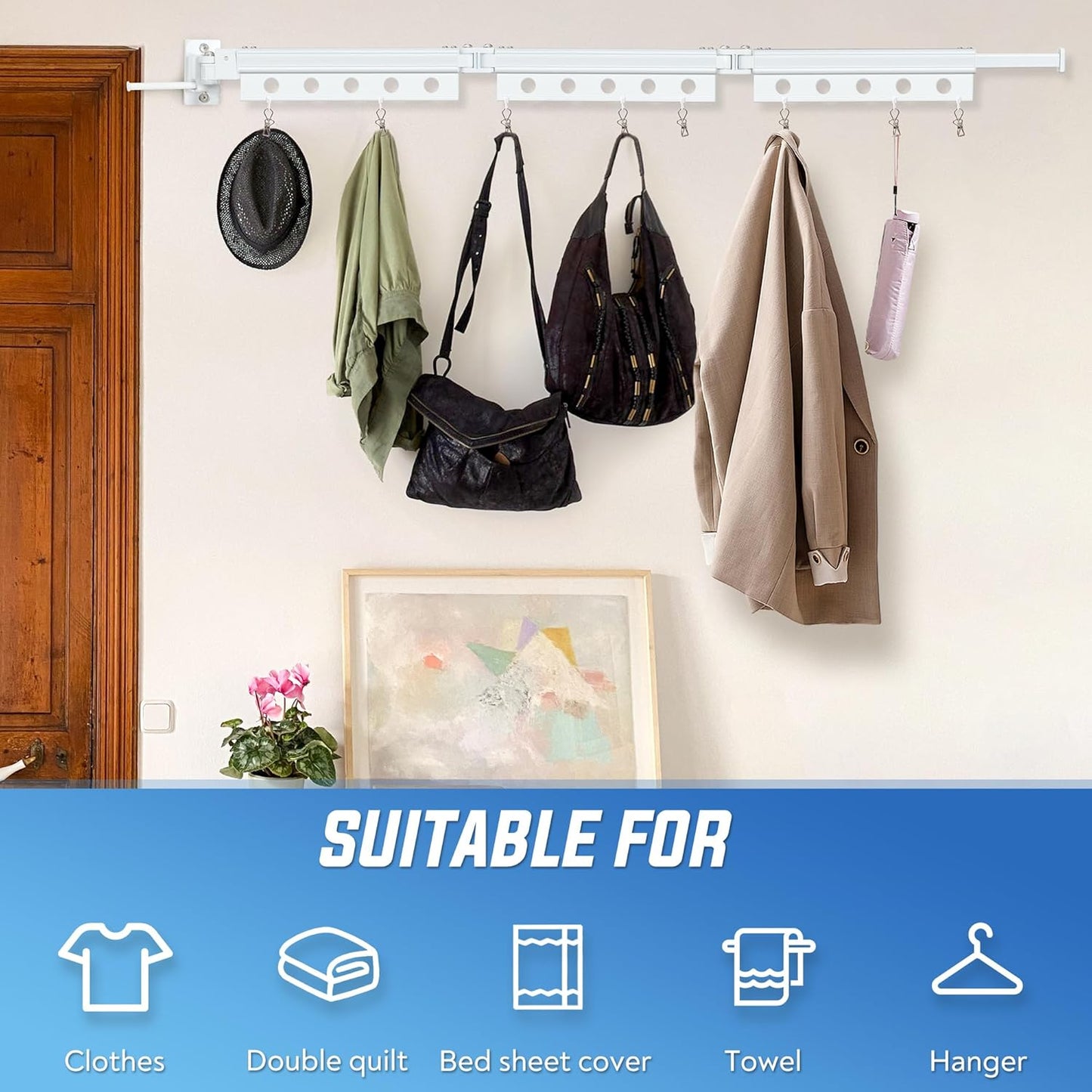 Clothes Drying Rack Wall Mounted, Retractable Space-Saving Foldable Laundry Drying Rack for Indoor & Outdoor Use - Laundry Rooms, Bathroom & Balconies,Includes 10 Clothespins(White) - NestledHome