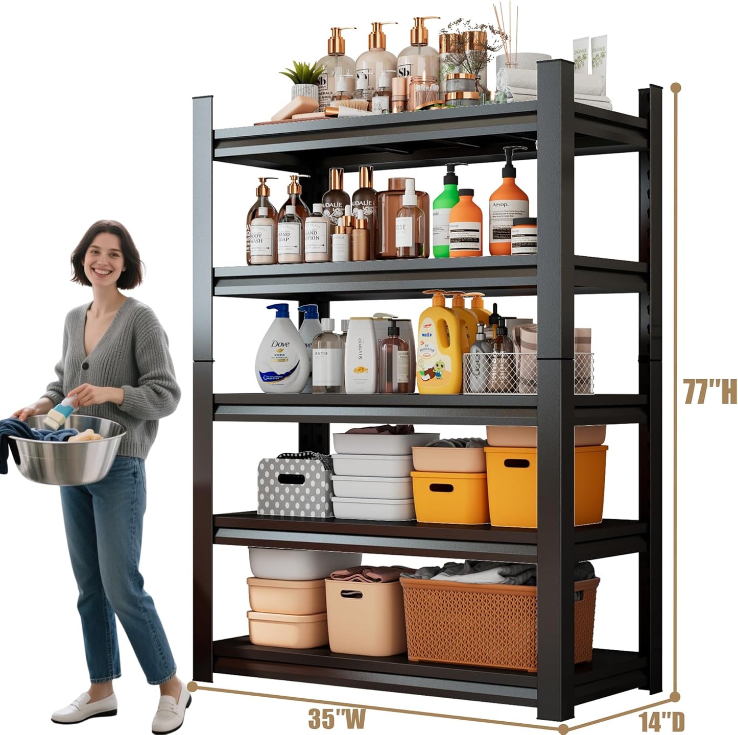 Over The Washer and Dryer Storage Shelf with Baskets, Multi Functional Storage Rack Storage Shelf Organizer Black for Laundry Room,Suit Washing Machine Width Within 32.6", Hold 500 lb, Black - NestledHome
