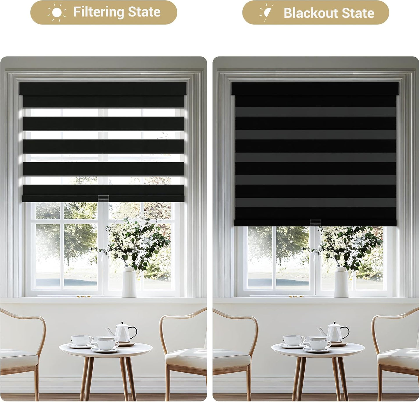Cordless Zebra Blinds for Windows, Blackout Interior Blinds,Easy to Install,UV Protection,for Offices and Home,Custom Roller Shades, Solid Black, 46" W x 88" H