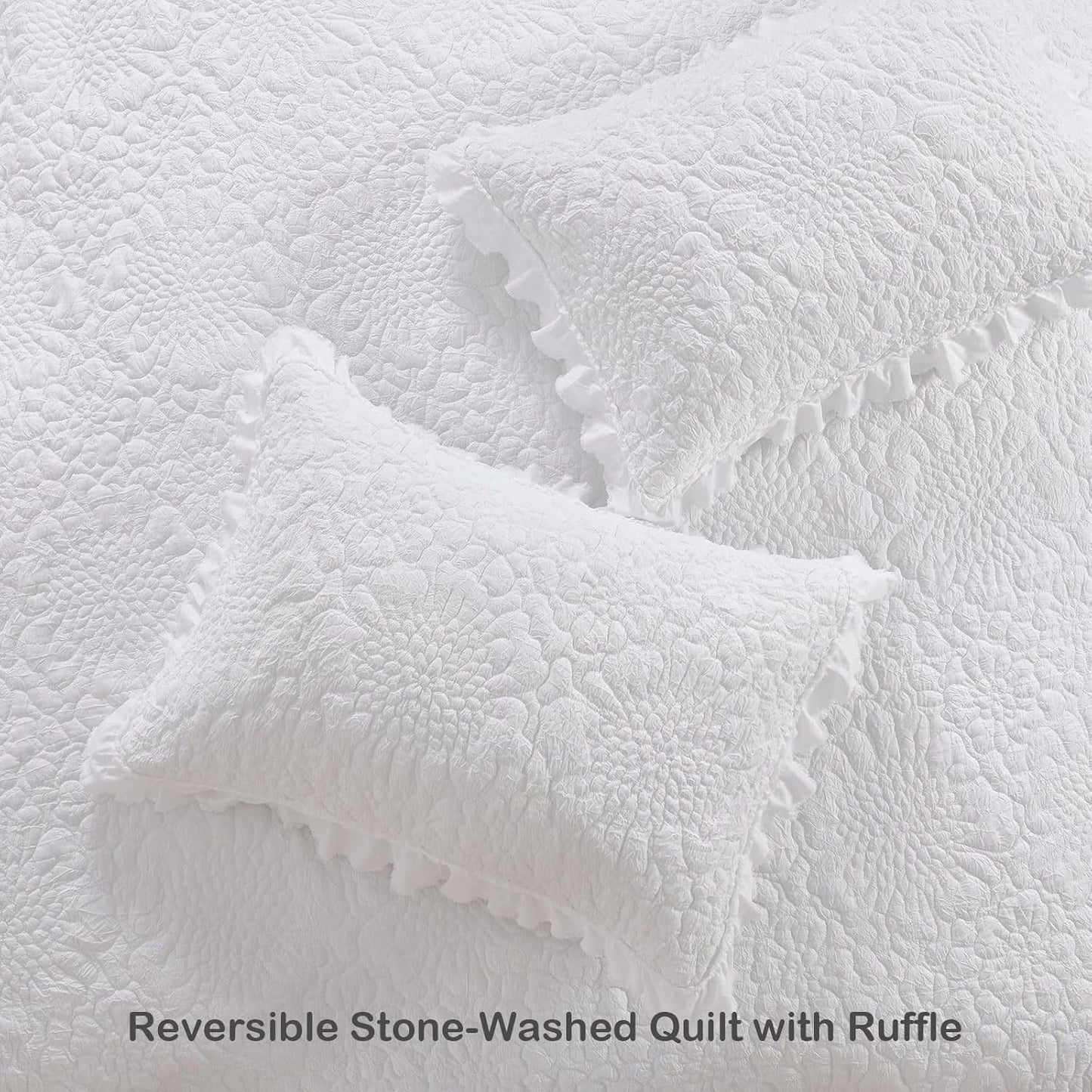 HORIMOTE HOME White Ruffled Quilt Twin Size, Stone-Washed Microfiber Lightweight Crinkled Farmhouse Rustic Shabby Chic Bedding Set, 2 Pieces Reversible Bedspread with Pillow Sham for All Season