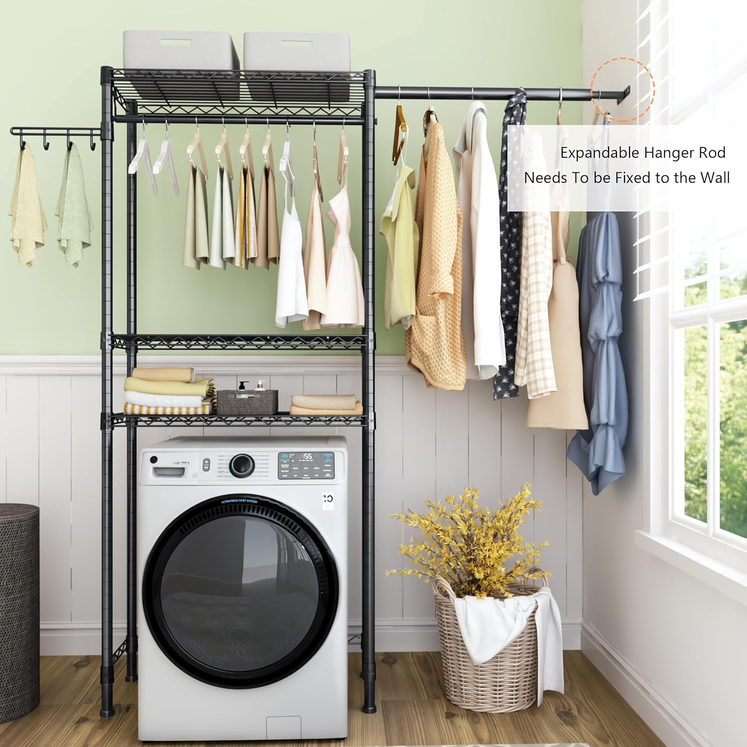 Over Washer and Dryer Shelves,3 Tier Adjustable Wire Shelving Laundry Room Storage Organization Clothes Drying Rack with Mounted on the Wall Expandable Hanger Rods&Hook,55"~74.5"Wx13.4"Dx77"H - NestledHome