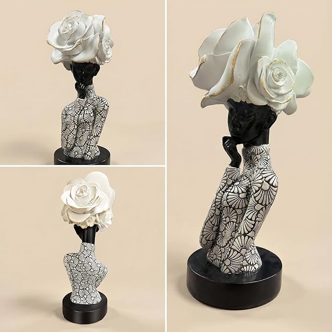African Woman Sculpture with White Rose Headdress, Black and White Resin Statues, Modern Abstract African Art Statue for Home Decor Shelf Table Office Display