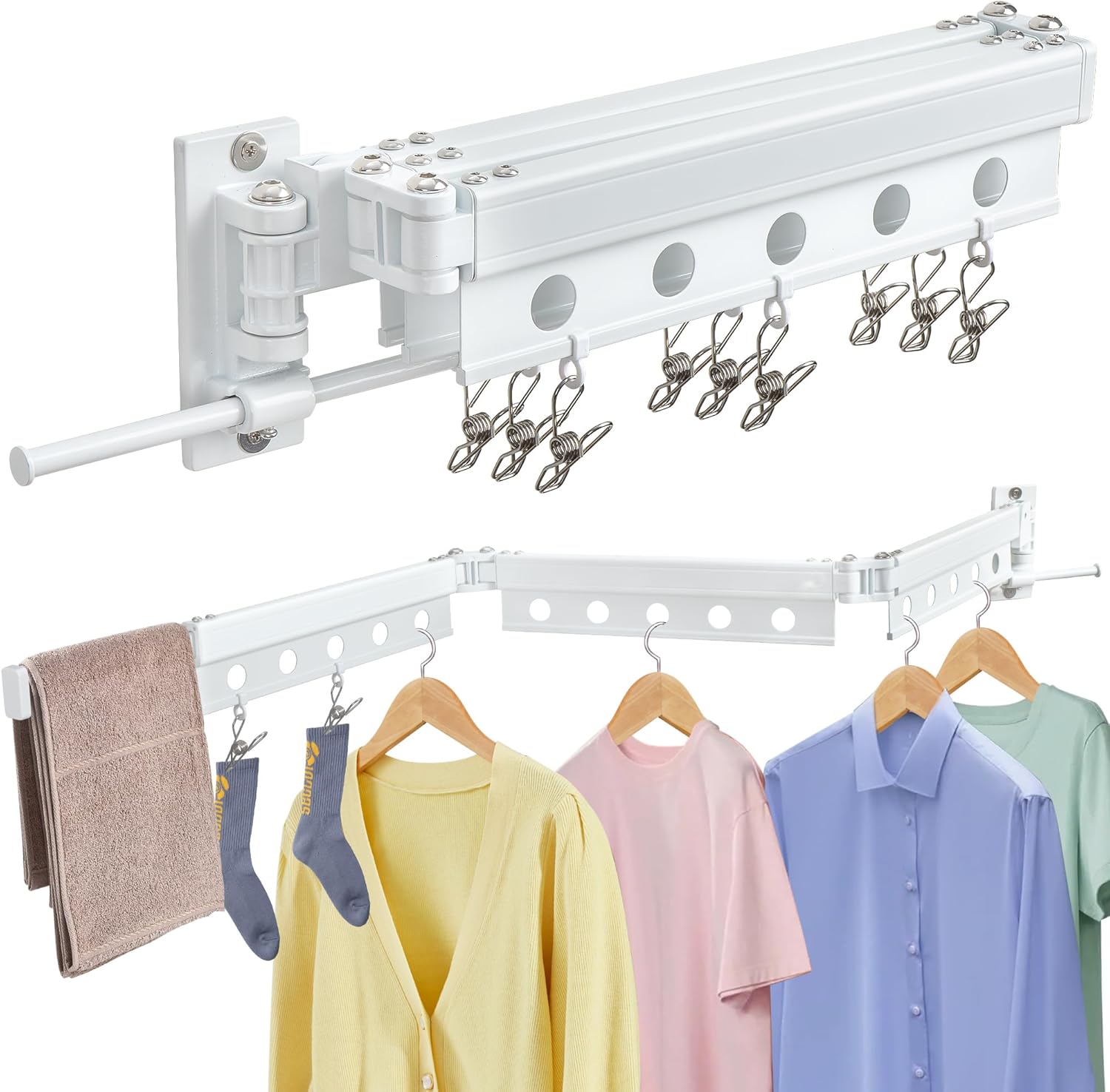 Clothes Drying Rack Wall Mounted, Retractable Space-Saving Foldable Laundry Drying Rack for Indoor & Outdoor Use - Laundry Rooms, Bathroom & Balconies,Includes 10 Clothespins(White) - NestledHome