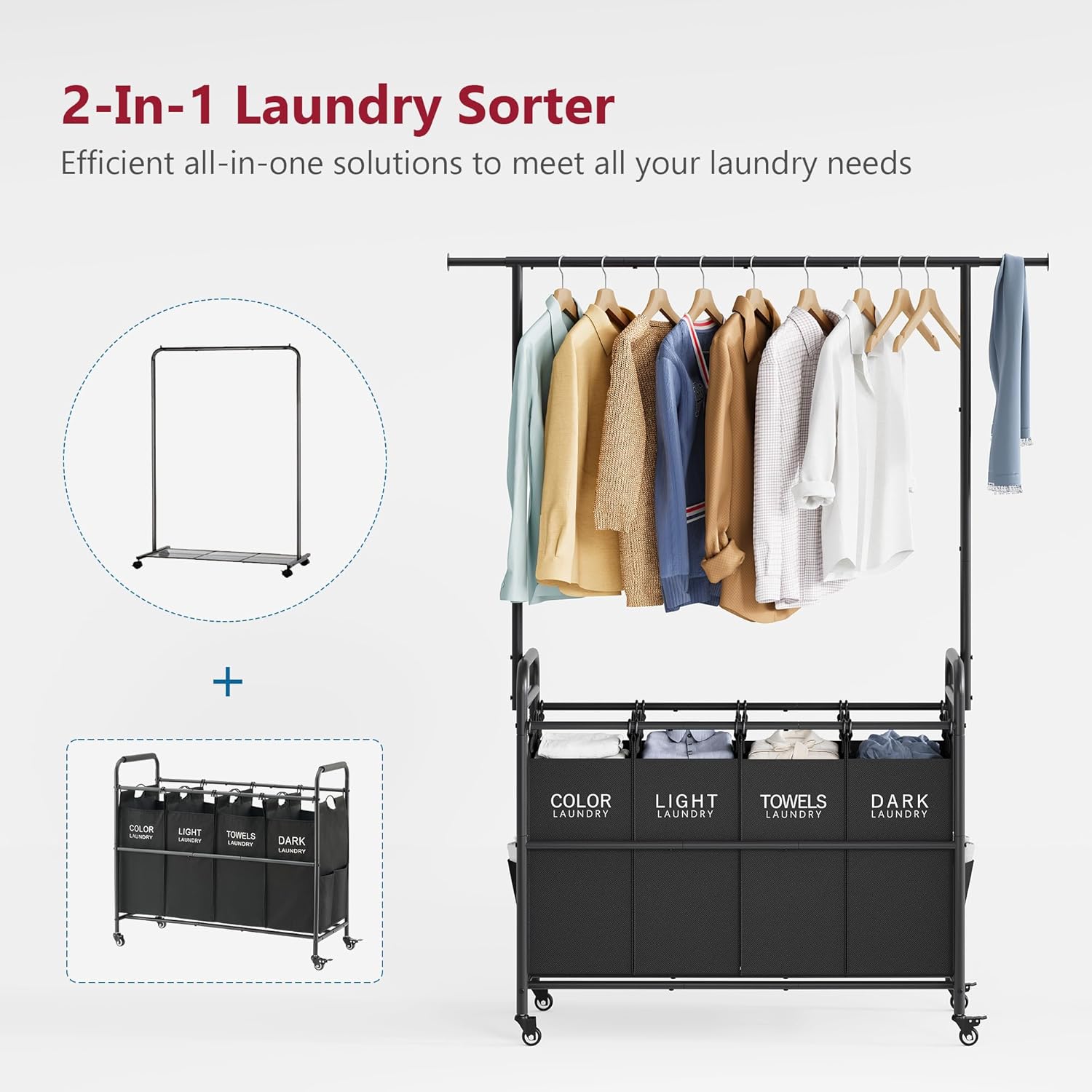 Tajsoon Laundry Sorter Cart with Hanging Clothes Rack, 4 Butler Sorter Basket Organizer, Laundry Hamper Cart with Heavy Duty Rolling Lockable Wheels, Black - NestledHome