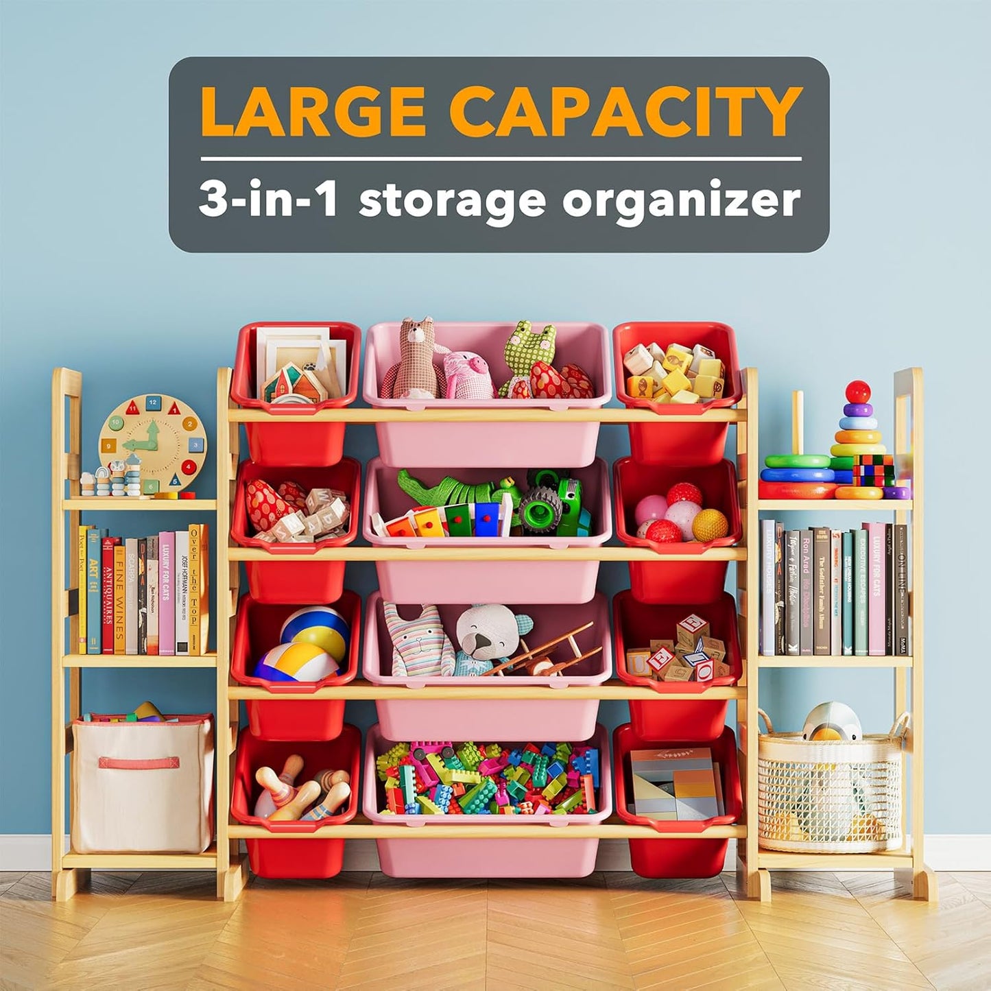 SpaceAid Toy Storage Organizer with 6 Shelves and 12 Bins, Toy Organizers Storage Bookshelf, Kids Bin Shelf Toys Box Bookcase for Bedroom Playroom Organization Room Decor, Red and Pink - NestledHome