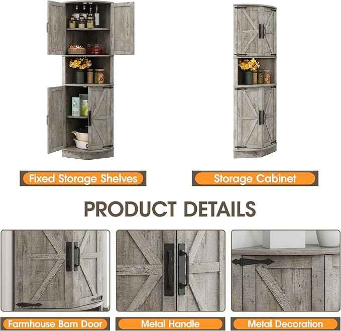 Vabches 64.8" Tall Farmhouse Corner Cabinet with 4 Doors and 5 Storage Shelves, Farmhouse Storage Cabinet with Barn Door Design, Home Space Saver for Living Room, Kitchen, Laundry Room,Grey