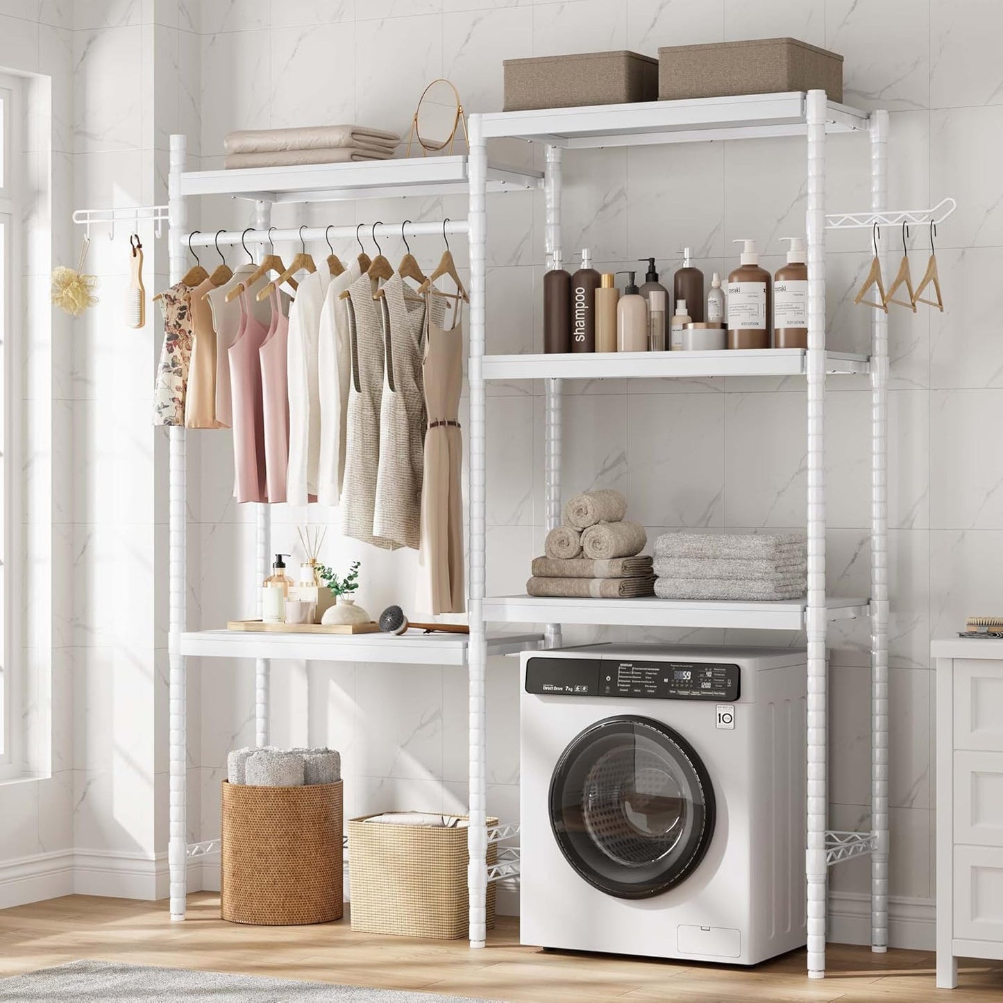 CABIHOME 5-Tier Over-The-Washer Shelf - Adjustable Height Laundry Organizer Space Saver, Double-Layer 100lb Shelves, 2 Hooks for Bathroom/Balcony (White) - NestledHome